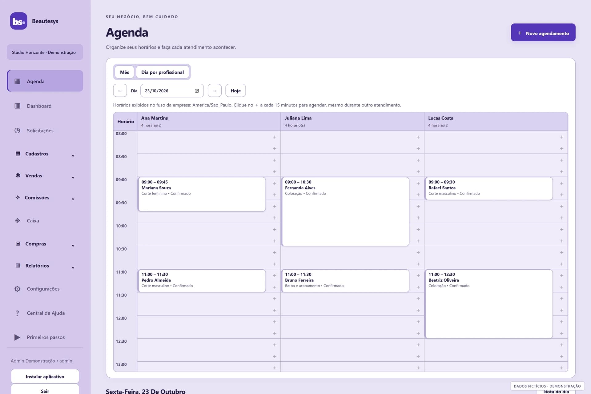 Agenda do studio, organizada por profissional